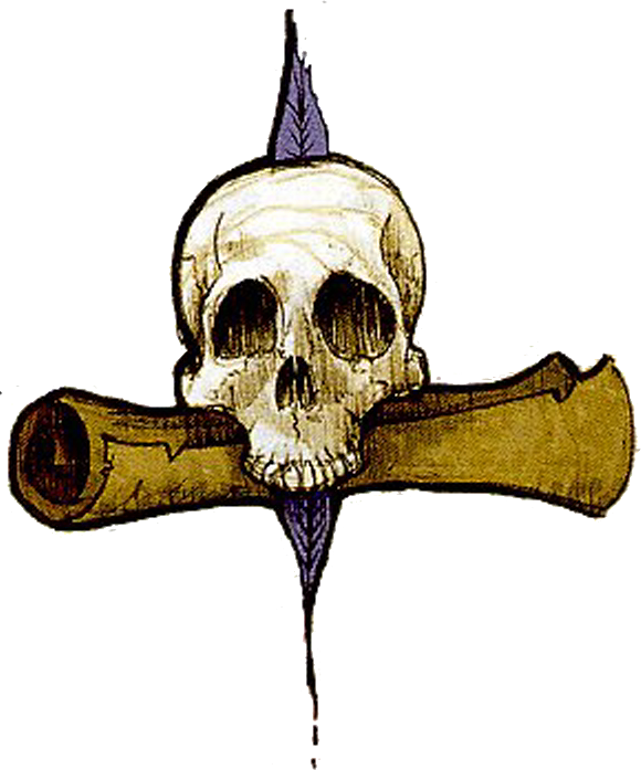 Symbole : plume d’écriture et crâne sans mâchoire sur  fond de parchemin