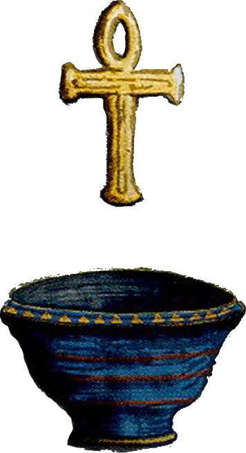 Symbole : croix ansée située au-dessus d’un calice  d’offrande doré